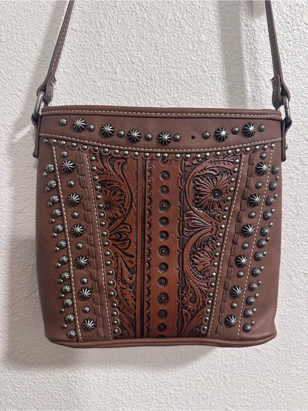 Brown Floral Tooled Crossbody Bag with Stud Detailing